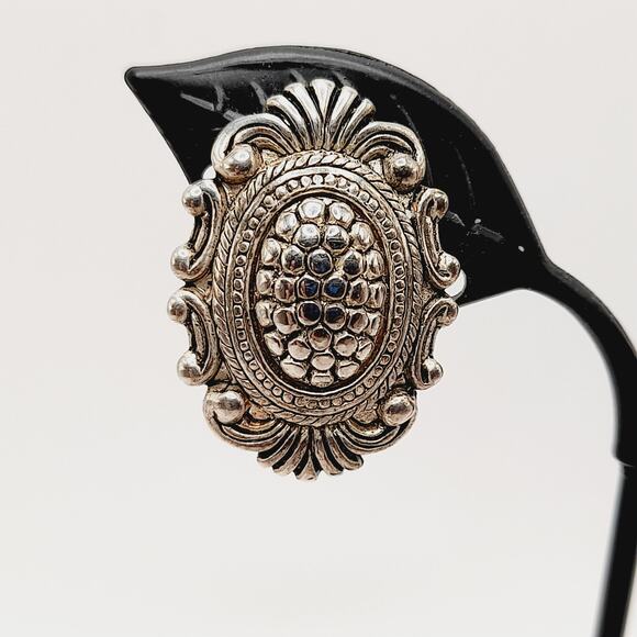 Vintage Ornate Silver Tone Clip On Earrings, 1 1/8 Inch - Picture 6 of 10